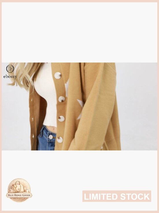 Ribbed Knit Cardigan Button Down Loose Fit Cropped Jacquard Sweater Coat - Picture 3 of 7